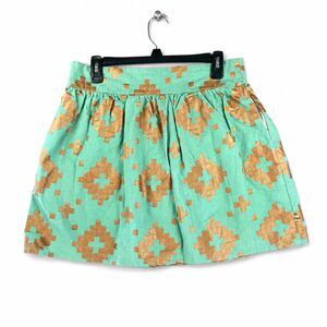 Mimi & Mack Women’s Medium Turquoise Gold Geometric Mini Skirt Cotton Linen Zip